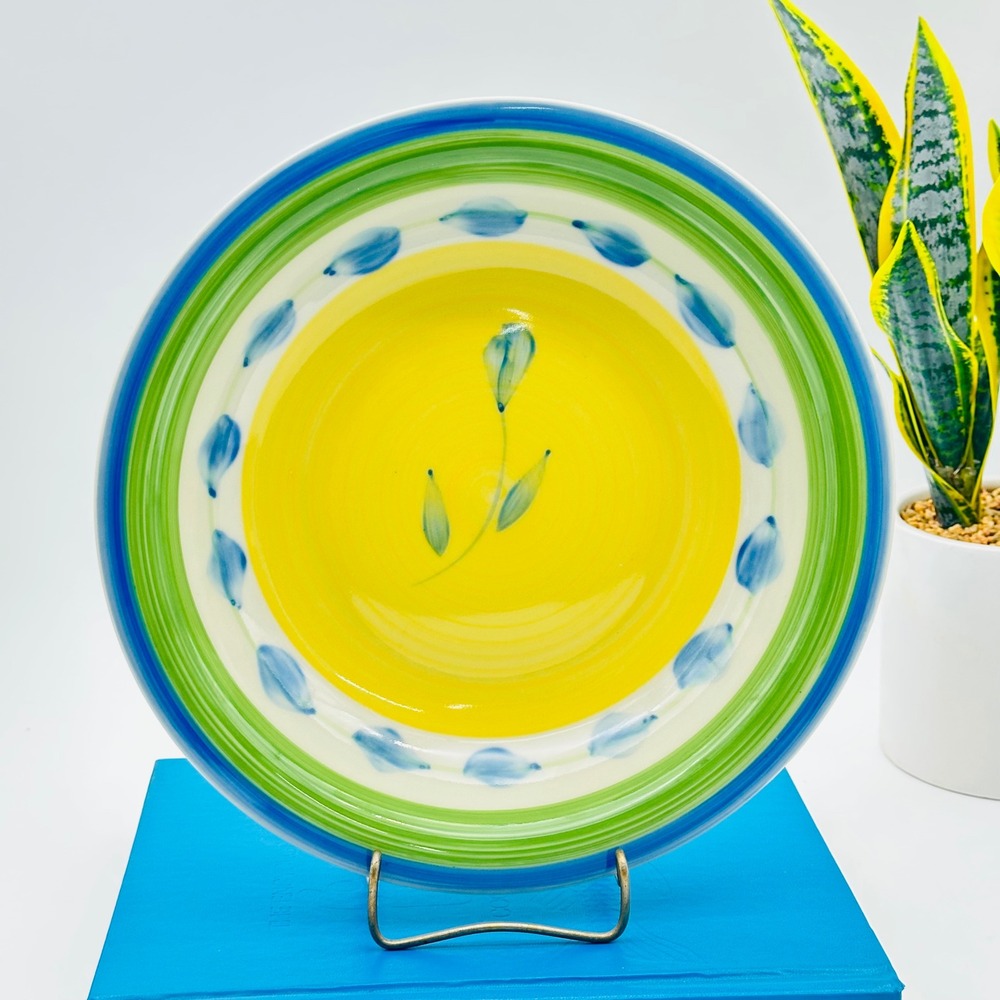 Trisa Stoneware Pasta Round Serving Bowl Yellow Blue Green Floral 11"